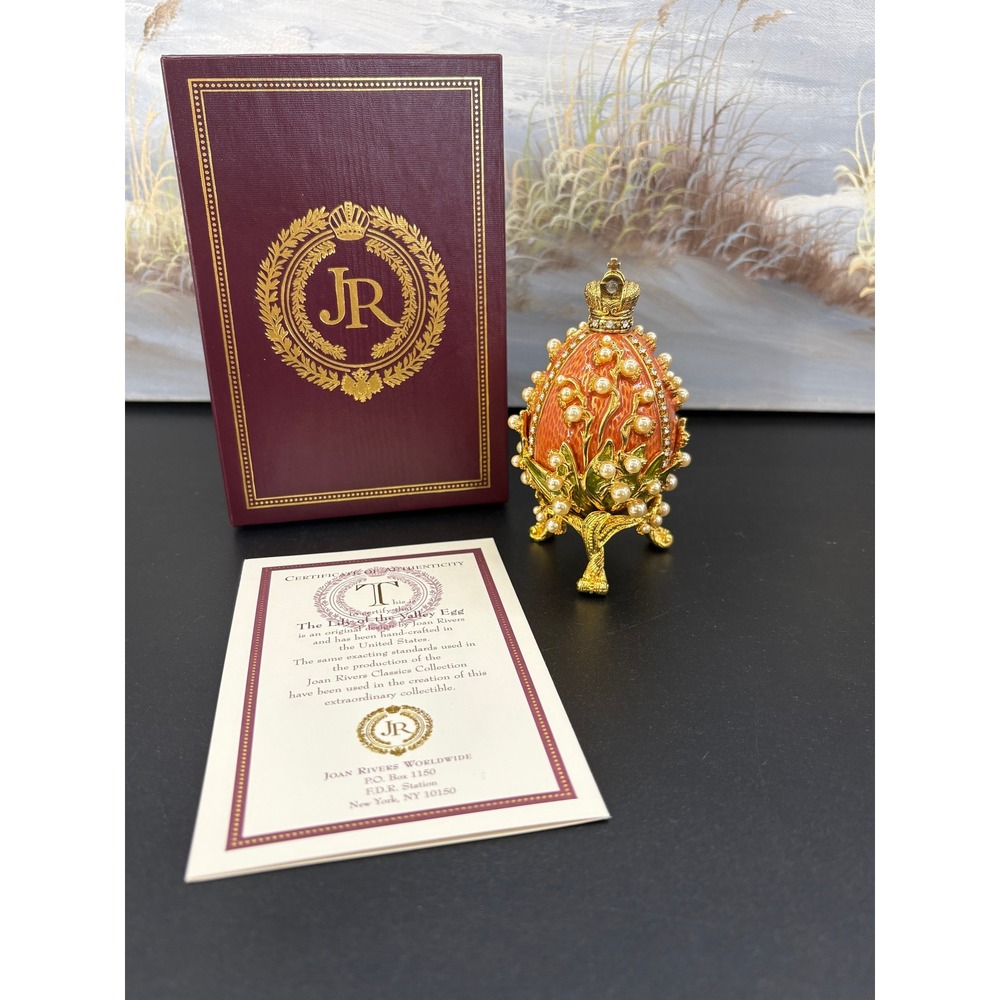 Joan Rivers Lily of the Valley Egg Orange Enamel Pearl Crystal Collectible Box